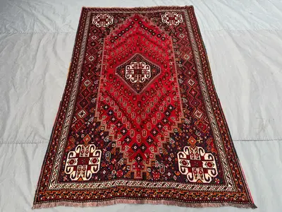 5x8 ft Vintage Afghan Hand Knotted Turkish Inspired Caucasian Style Rug Red Geometric Tribal Medallion rug Sof