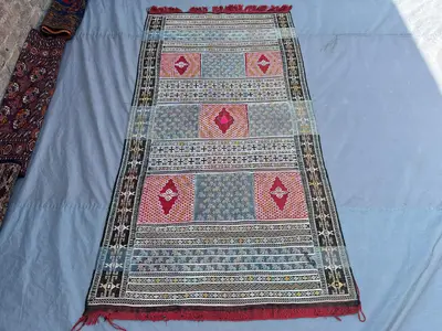 3'10 x 7'6 ft vintage Afghan handwoven Sumak kilim rug, multicolor tribal geometric design, rare flat weave Ru