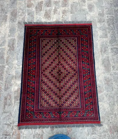Afghan Turkoman Hand-Knotted Wool Rug 4x5 Luxury Geometric Bokhara Tribal Carpet, Handmade Ersari Rug, Bedroom