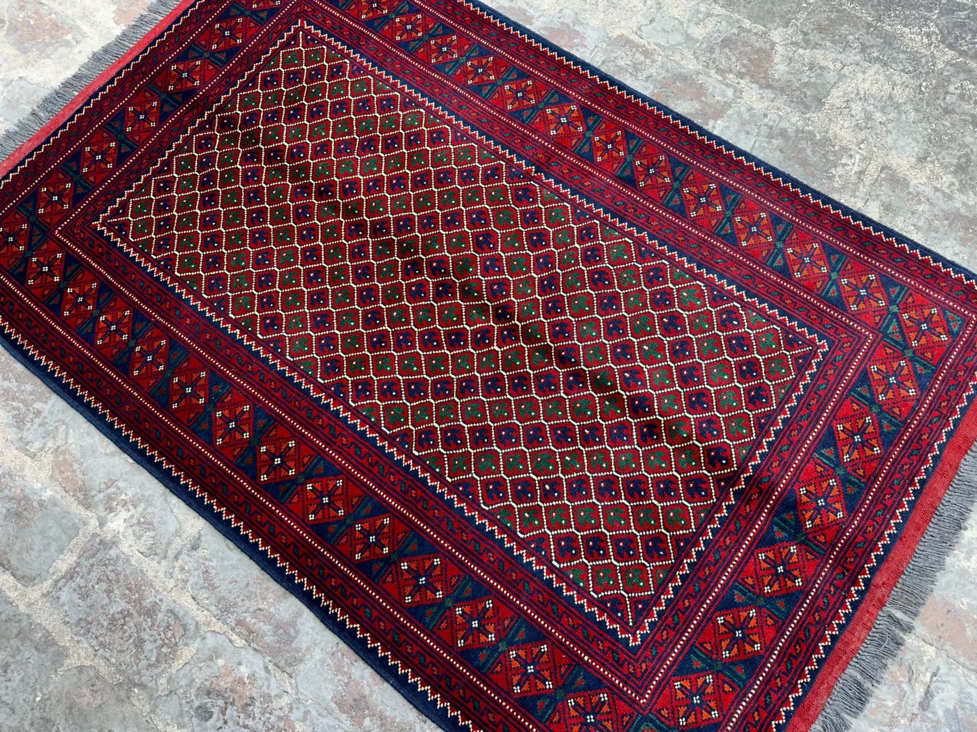 Afghan Turkoman Hand-Knotted Wool Rug 3'4x5'4 ft Luxury Geometric Bokhara Tribal Carpet, Handmade Rug, Bedroom Rug Kids Rug, Accent Area Rug