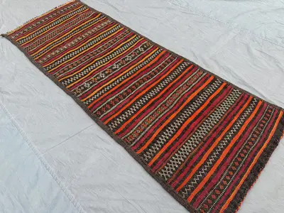 2'3x6'2 ft Antique Afghan Flat Weave Runner Rug | Handwoven Geometric Maldari Wool Carpet | Tribal Hallway Rug
