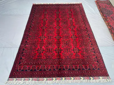 Modern Afghan Red Rug 6'8x9'10 ft | Hand-Knotted Turkmen Bukhara Carpet | Tribal Wool Area Rug | Traditional R