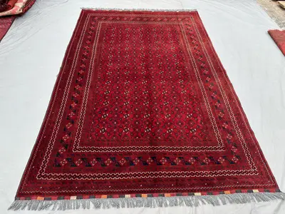 7 x 10 ft Vintage Hand Knotted Turkoman Ersari Rug, Red Geometric Pattern, Soft Pile, Authentic Oriental Triba