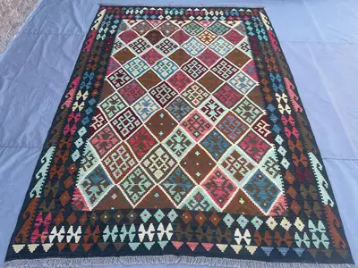 7x10 Afghan Kilim Rug | Handwoven Wool Flat Weave Carpet | Tribal Geometric Design | Multicolor Vintage Turkis