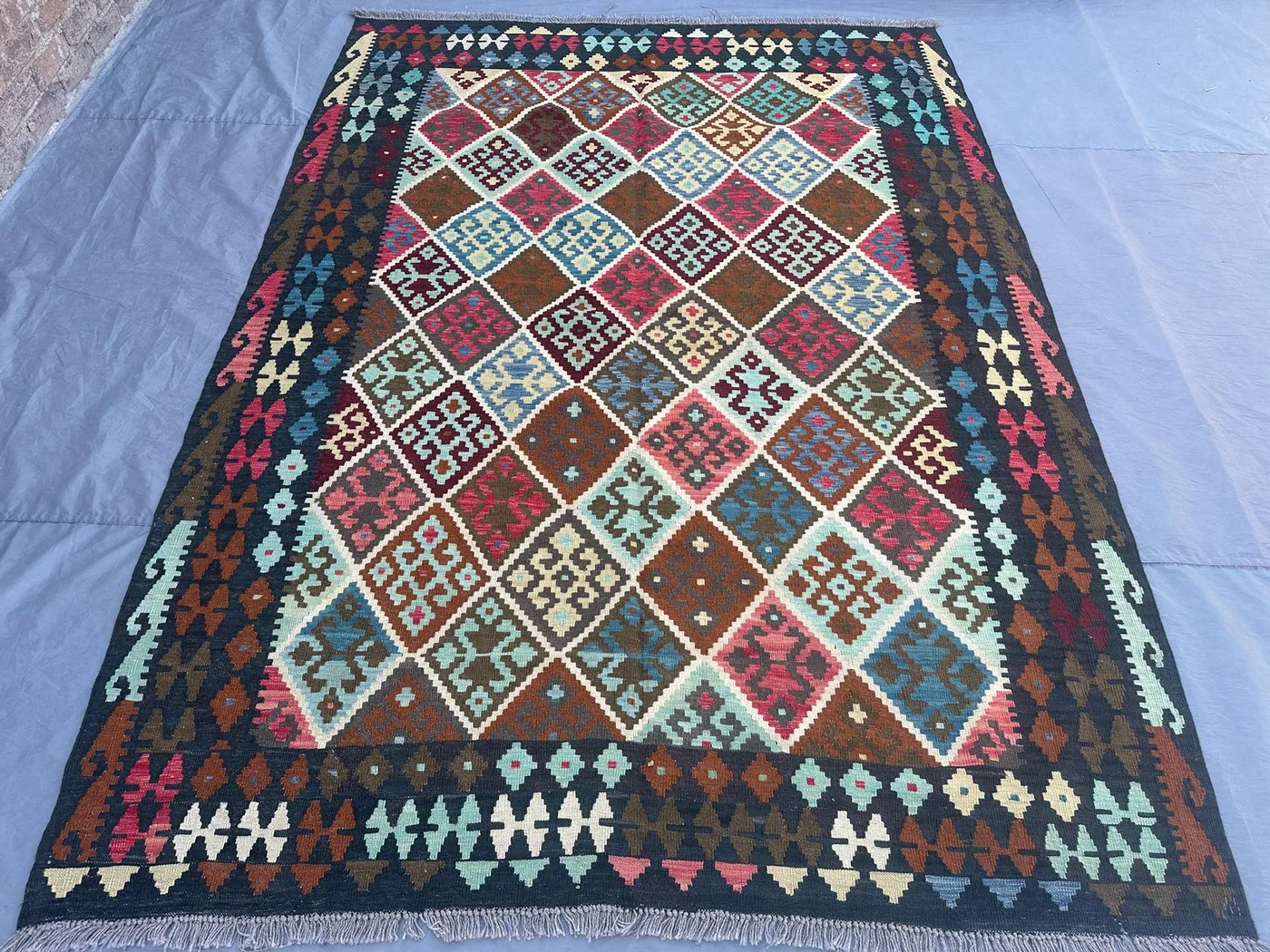 7x10 Afghan Kilim Rug | Handwoven Wool Flat Weave Carpet | Tribal Geometric Design | Multicolor Vintage Turkish Style Large Area Rug Decor
