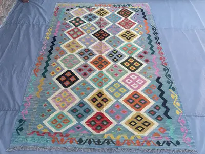 6x9 Afghan Kilim Rug | Handwoven Wool Flat Weave Carpet | Colorful Tribal Geometric Design | Vintage Turkish S