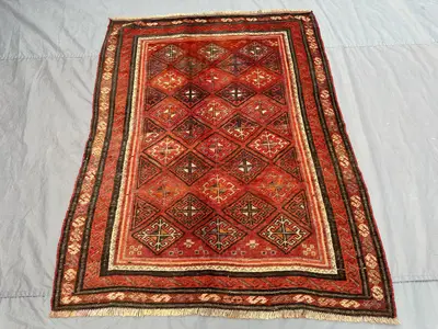 5 x 6 ft Vintage Afghan Hand Knotted Distressed Caucasian Style Rug, Turkish Inspired Geometric Design, Soft P