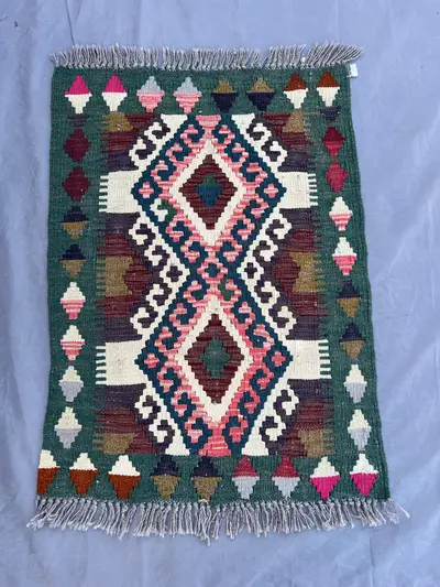 2x3 Afghan Mini Kilim Rug, Handwoven Wool Flat Weave | Tribal Accent Rug | Geometric Colorful Carpet | Small B