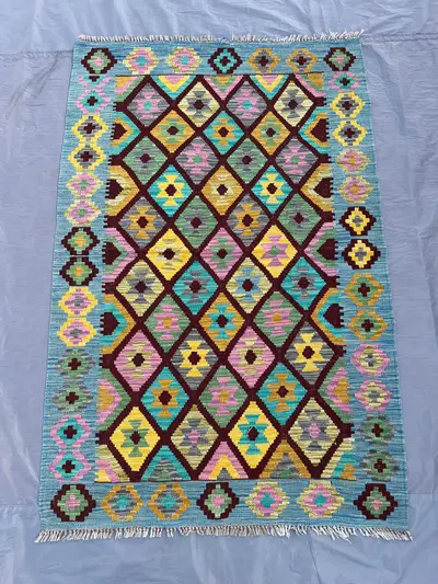 Afghan Kilim Rug 3'4x5 ft | Colorful Tribal Wool Flatweave Rug | Handmade Boho Ethnic Area Carpet | Blue Geome