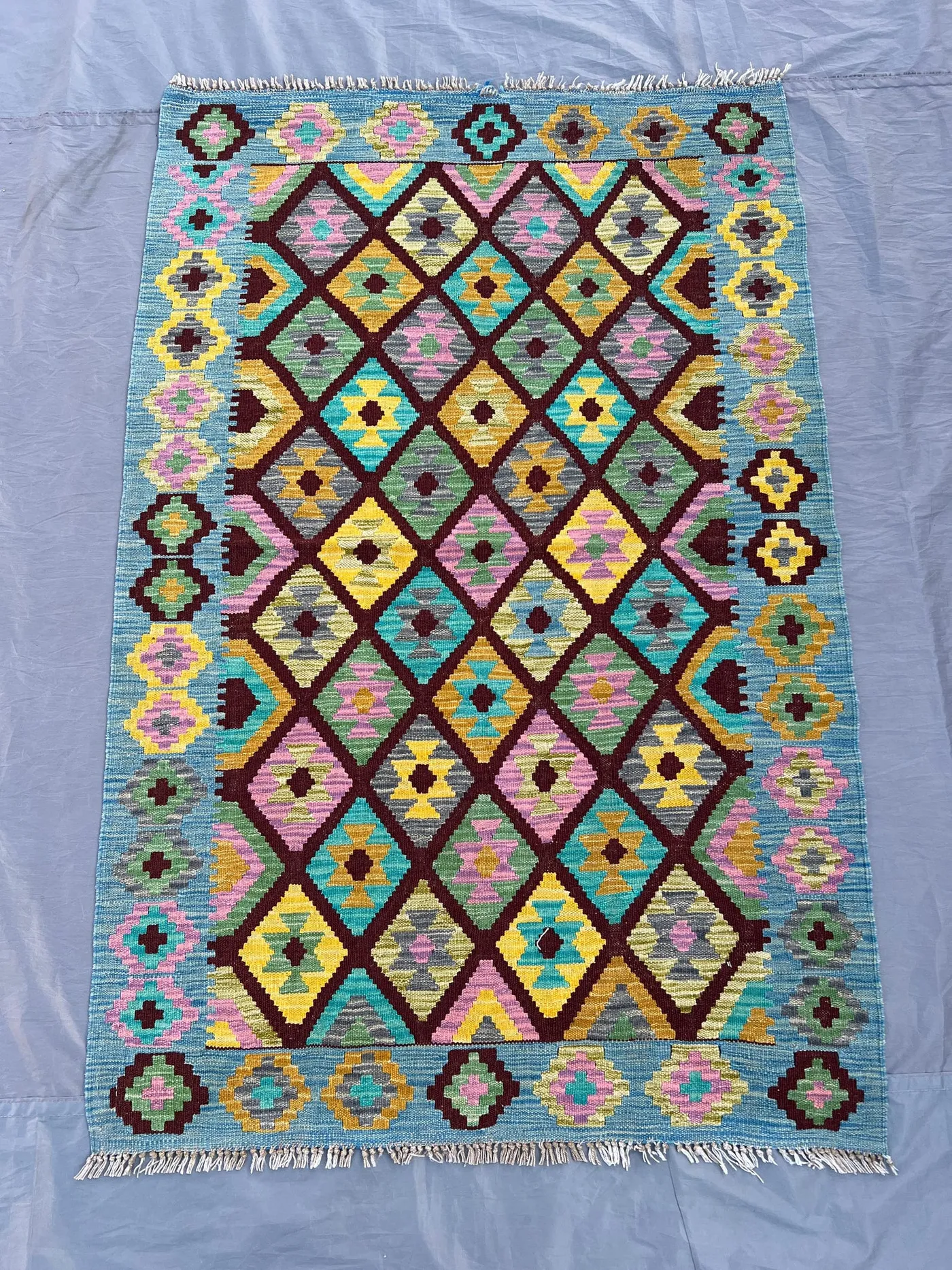 Afghan Kilim Rug 3'4x5 ft | Colorful Tribal Wool Flatweave Rug | Handmade Boho Ethnic Area Carpet | Blue Geometric Maimana Style Decor