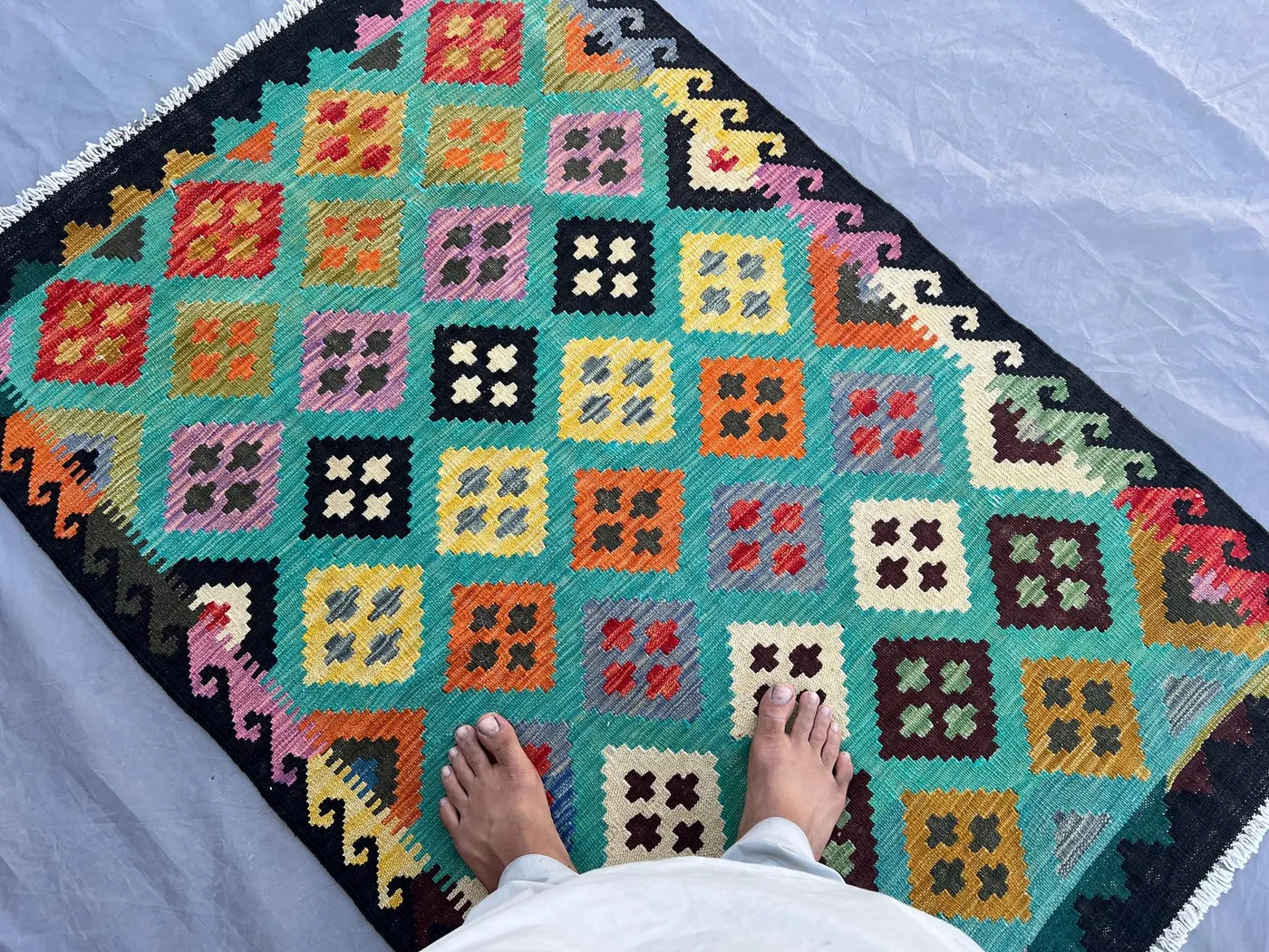 3'4x5 ft Afghan Kilim Rug, Handwoven Wool Flat Weave | Colorful Diamond Tribal Carpet | Multicolor Boho Accent Rug | Geometric Floor Decor