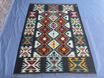 4.11x6.6 ft, Afghan Kilim Rug | Handmade Flat Weave Wool Carpet | Tribal Geometric Design | Colorful Boho Deco