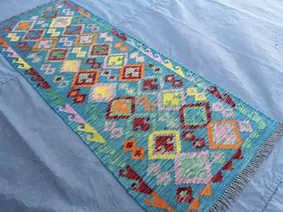 2'6x6'7 ft Afghan Handmade Kilim Runner | Colorful Tribal Flat Weave Wool Rug | Bright Hallway Entryway Area C