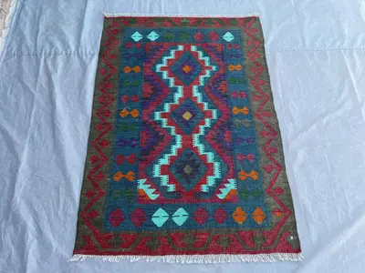 3'5x4'9 ft Modern Afghan Kilim Rug | Handmade Wool Tribal Carpet | Green Red Teal Blue Orange Geometric Turkis