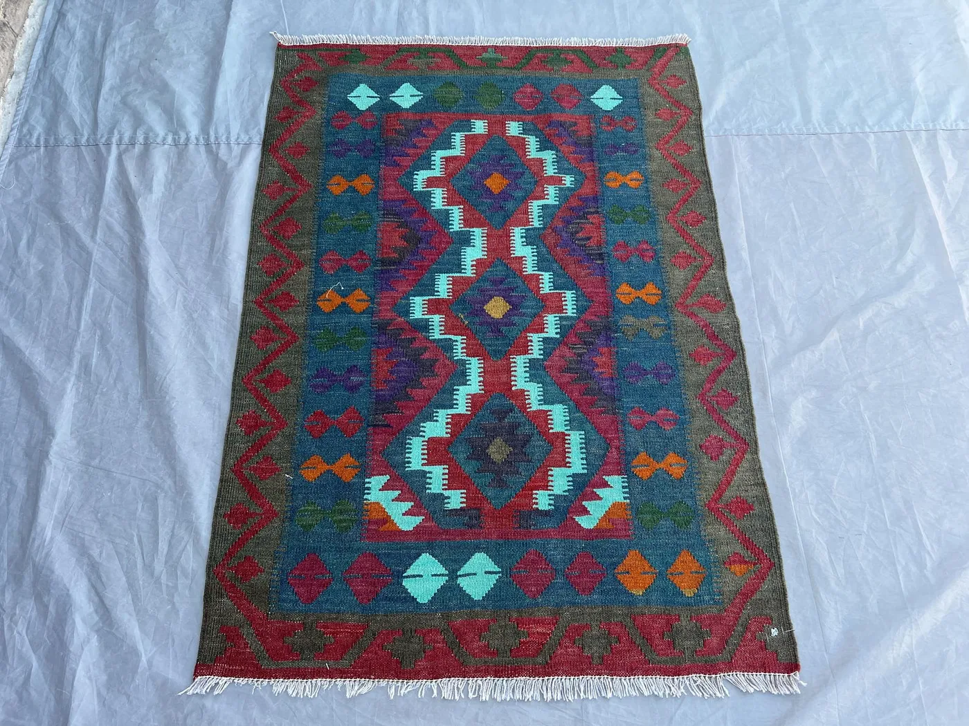 3'5x4'9 ft Modern Afghan Kilim Rug | Handmade Wool Tribal Carpet | Green Red Teal Blue Orange Geometric Turkish Style Bohemian Decor Rug