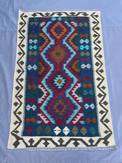 4x5 Afghan Kilim Rug | Colorful Tribal Flatweave Wool Rug | Handmade Geometric Area Carpet | Ethnic Boho Decor