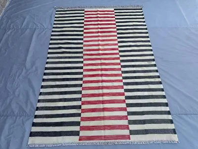 5x8 Afghan Gabbeh Kilim Rug | Handwoven Wool Flat Weave Carpet | Minimalist Striped Design | Black Red Ivory M