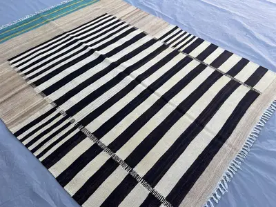 4'10x6'5 ft Afghan Handmade Kilim Rug | Black Beige Striped Flat Weave Wool Rug | Modern Minimalist Boho Area 