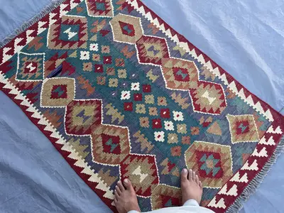 3'3x5 ft Afghan Handmade Kilim Rug | Red Teal Geometric Tribal Flat Weave Wool Carpet | Boho Entryway Accent R