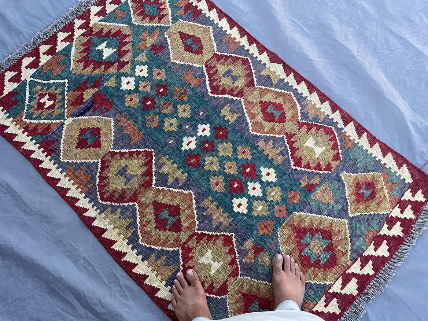 3'3x5 ft Afghan Handmade Kilim Rug | Red Teal Geometric Tribal Flat Weave Wool Carpet | Boho Entryway Accent Rug, Kids Rug, Home Decor