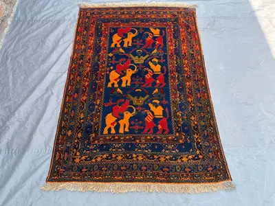 4'3 x 6'3 ft Vintage Afghan Pictorial Rug, Hand Knotted Wool Wall Hanging, Rare Tribal Design with Animal & Hu