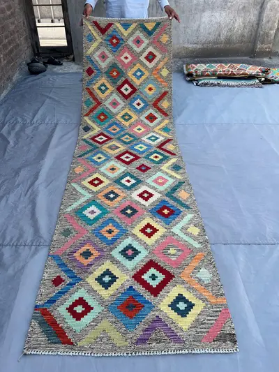 Afghan Runner Kilim Rug 3x10 Handmade Wool Flat Weave, Geometric Natural Dye Runner, Long Hallway Rug, Colorfu