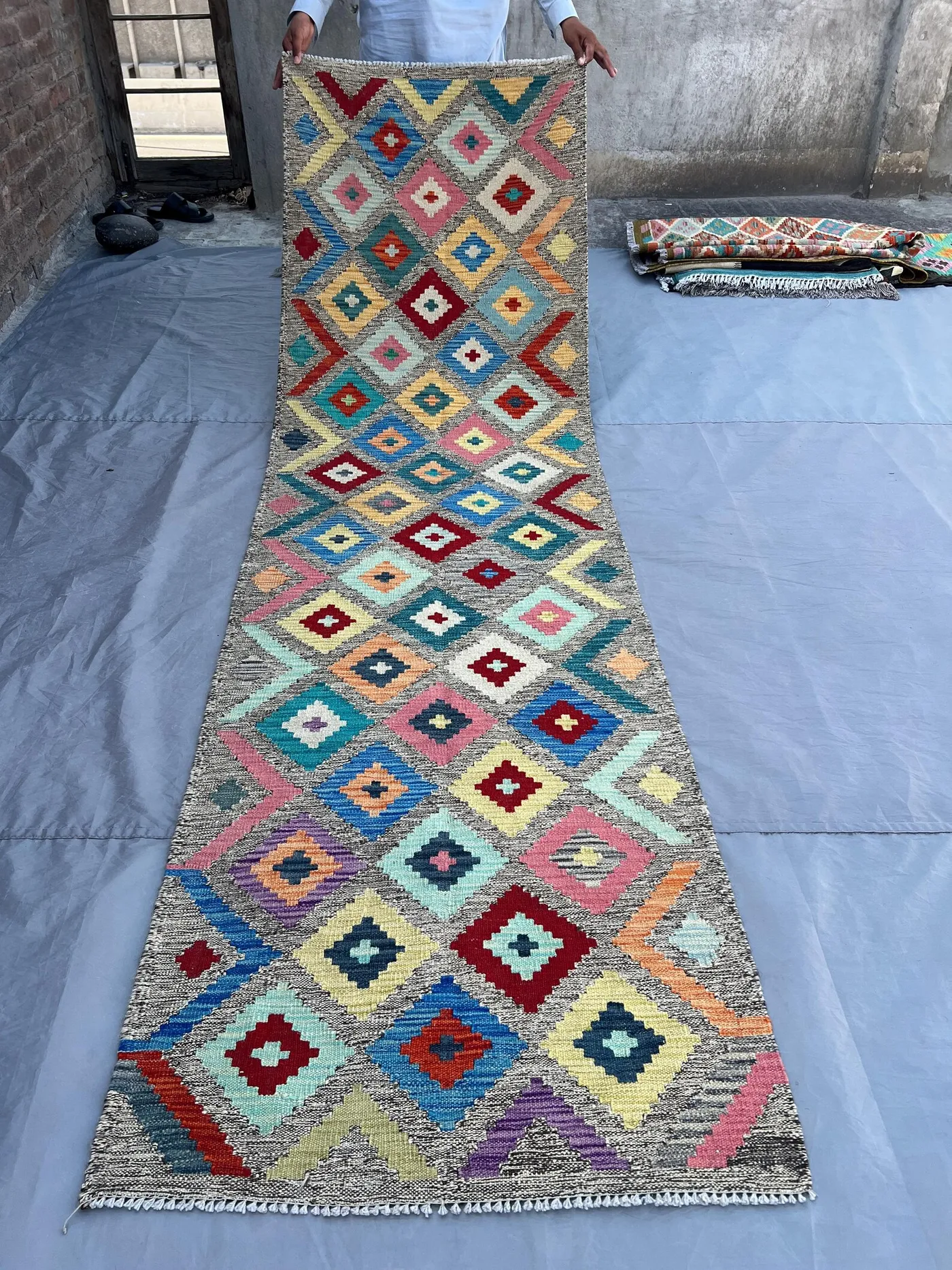 Afghan Runner Kilim Rug 3x10 Handmade Wool Flat Weave, Geometric Natural Dye Runner, Long Hallway Rug, Colorful Tribal Decor, Turkish runner