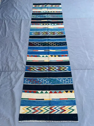 Afghan Kilim Runner Rug 2'8x9'8 ft | Handmade Colorful Wool Flatweave | Geometric Tribal Long Rug | Boho Hallw