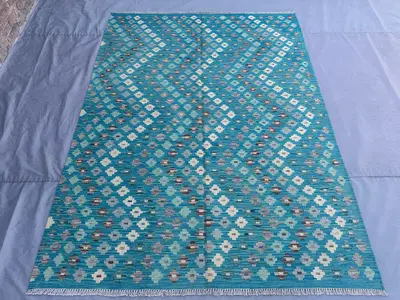 6x8 Afghan Kilim Rug | Handwoven Wool Flat Weave Carpet | Modern Tribal Design | Teal Blue Geometric Area Rug 