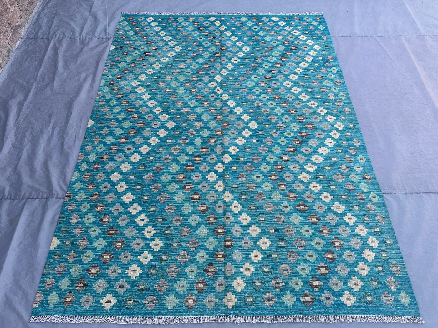 6x8 Afghan Kilim Rug | Handwoven Wool Flat Weave Carpet | Modern Tribal Design | Teal Blue Geometric Area Rug | Handmade Living Room Decor