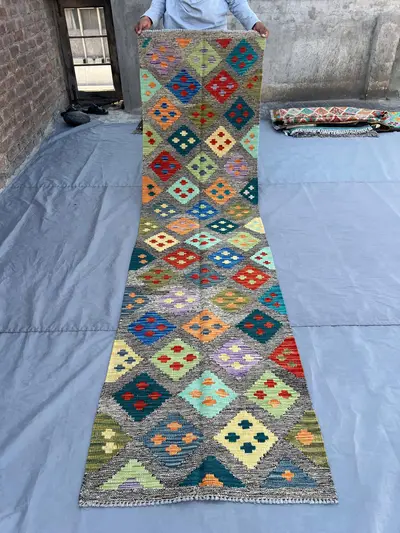 Afghan Kilim Runner Rug 3x10 | Handwoven Flat Weave Wool Runner | Colorful Tribal Hallway Rug | Long Entryway 