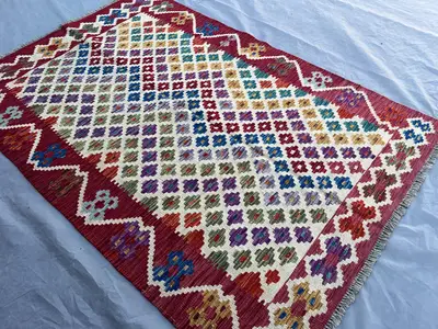 4'2x6'3 ft Afghan Handmade Kilim Rug | Colorful Wool Tribal Flat Weave Carpet | Boho Living Room Geometric Rug