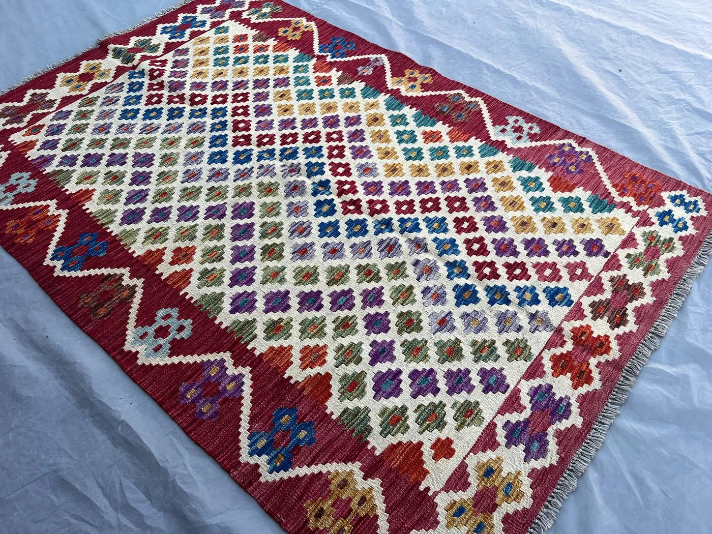 4'2x6'3 ft Afghan Handmade Kilim Rug | Colorful Wool Tribal Flat Weave Carpet | Boho Living Room Geometric Rug, Home Decor, Kitchen Rug