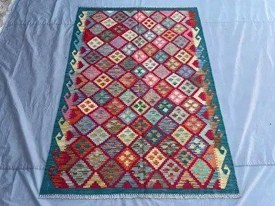 Afghan Kilim Rug 4x6 Handwoven Flat Weave Wool Rug, Colorful Modern Tribal Carpet, Natural Dye Area Rug, Boho 