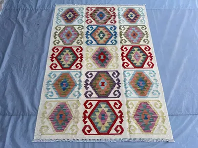 Afghan Kilim Rug 4x6 | Flat Weave Wool Rug | Colorful Handwoven Geometric Carpet | Modern Tribal Decor | Bedro