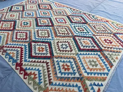 7x10 Colorful Kilim Rug | Afghan Handmade Flat Weave | Geometric Navajo Style | Boho Wool Area Rug | Ethnic Tr