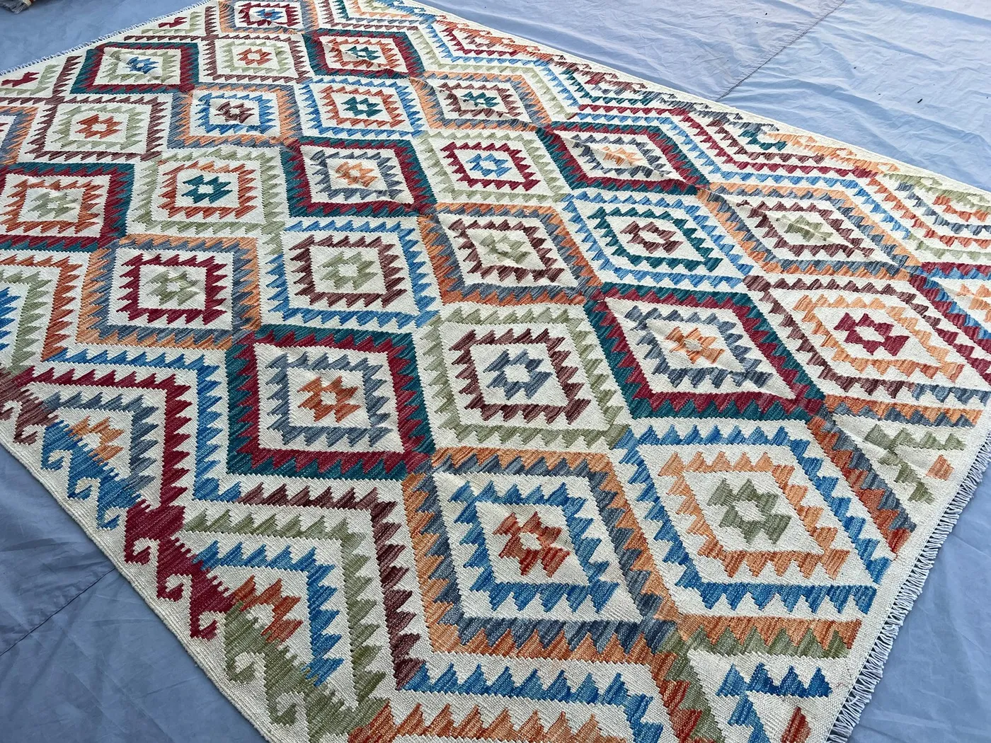7x10 Colorful Kilim Rug | Afghan Handmade Flat Weave | Geometric Navajo Style | Boho Wool Area Rug | Ethnic Tribal Decor Carpet | Floor Rug