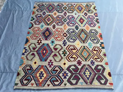 5x7 Afghan Modern Kilim Rug | Handmade Wool Flat Weave | Ivory Red Blue Purple Orange Green Yellow Navajo Styl