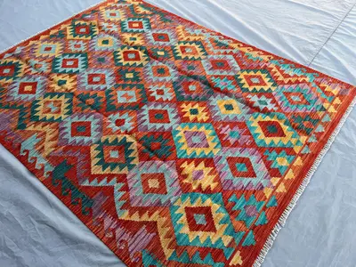 Afghan Kilim Rug 5x6'7 ft, Colorful Tribal Wool Flatweave Carpet | Handmade Geometric Diamond Rug | Boho Area 
