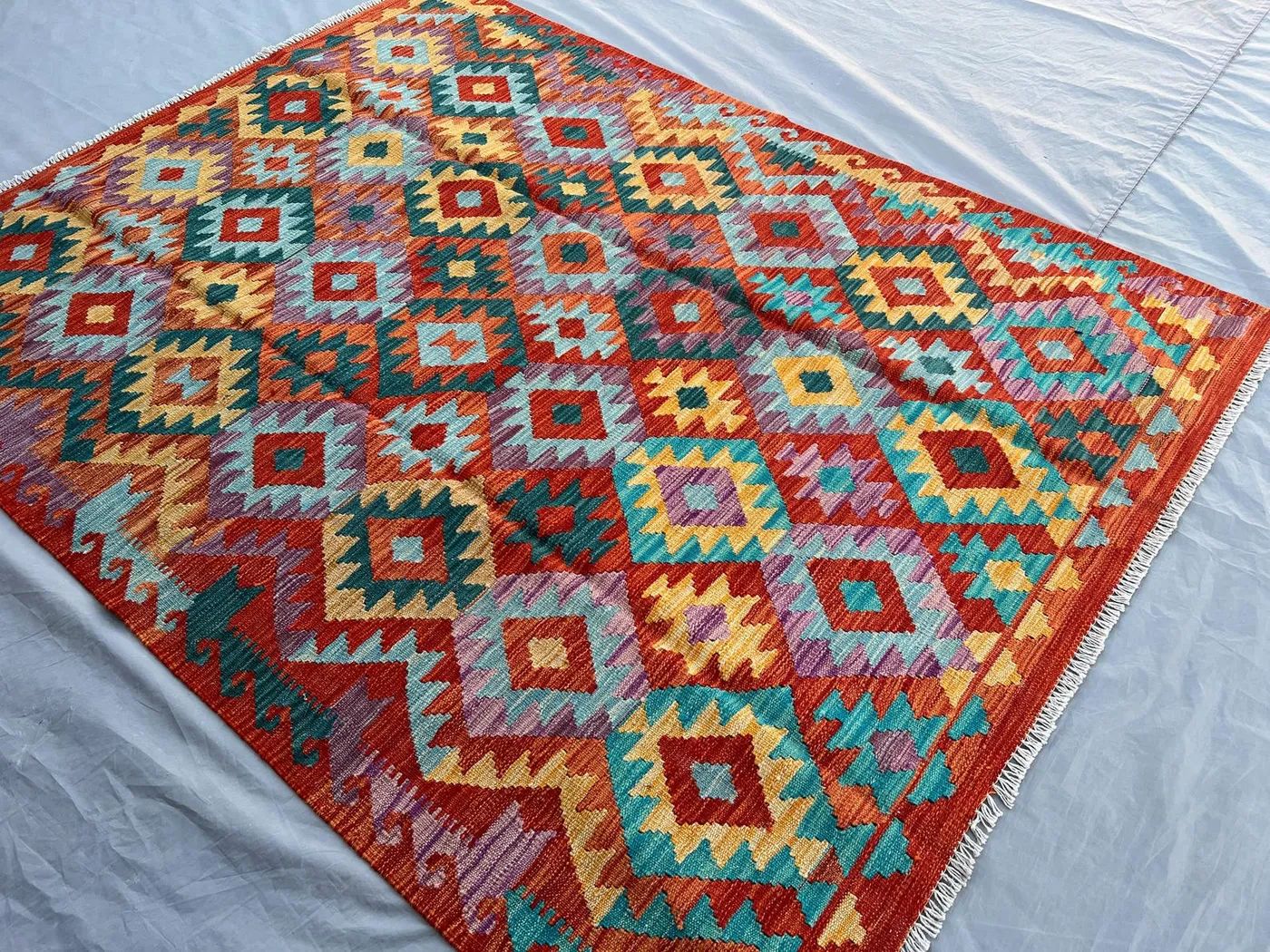 Afghan Kilim Rug 5x6'7 ft, Colorful Tribal Wool Flatweave Carpet | Handmade Geometric Diamond Rug | Boho Area Decor | Ethnic Living Room Rug