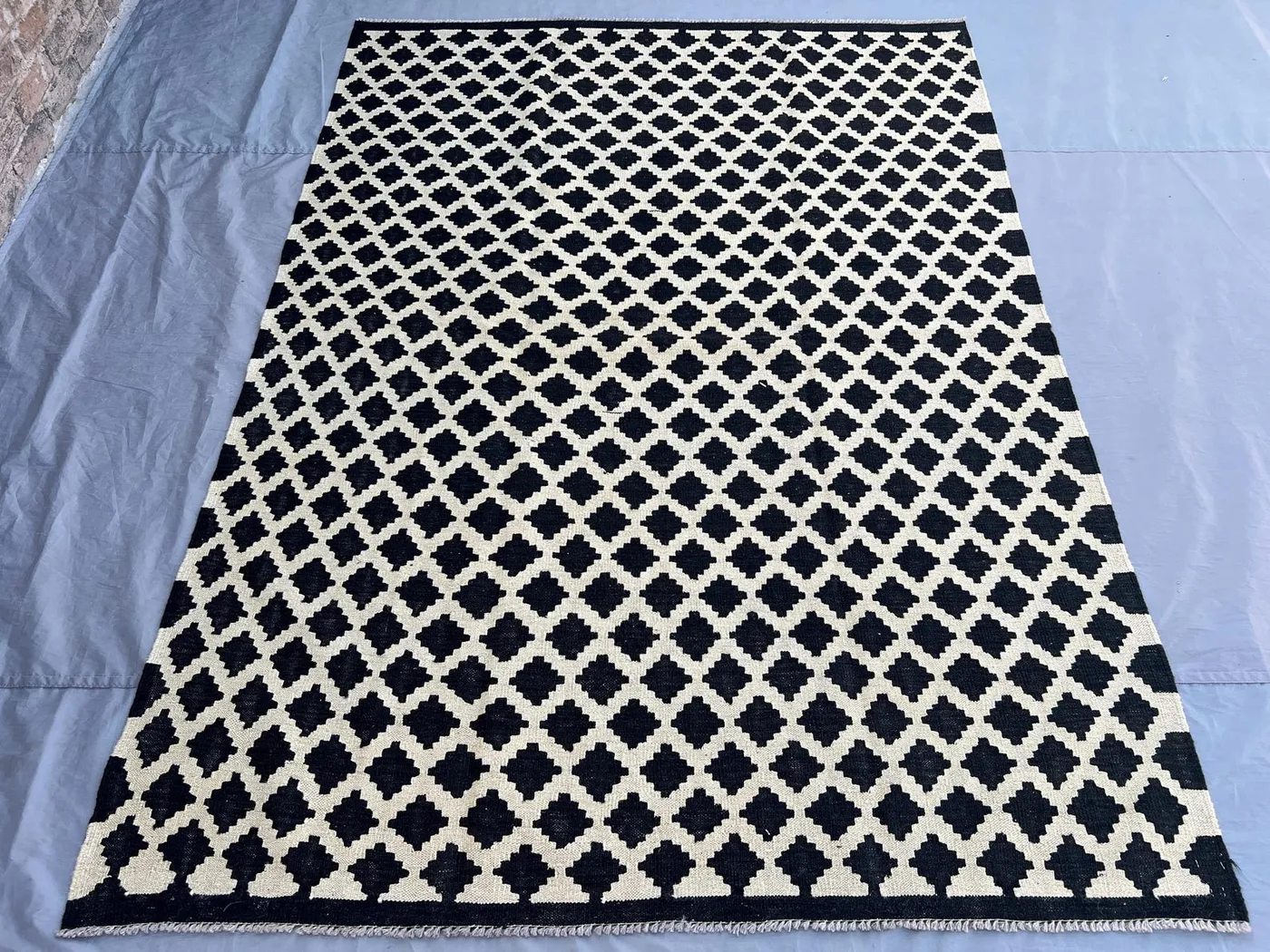 Afghan Kilim Rug 5'10x8 ft | Black Ivory Flatweave Wool Rug | Handmade Modern Tribal Carpet | Boho Minimalist Area Rug | Geometric Decor