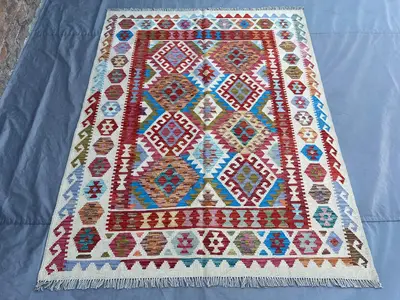 Afghan Kilim Rug 5x7 | Flat Weave Wool Area Rug | Handwoven Tribal Carpet | Colorful Boho Decor | Geometric Li