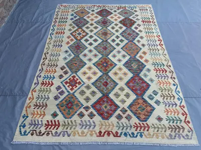 6x8 Afghan Kilim Rug | Handmade Wool Flat Weave Carpet | Ivory Tribal Geometric Design | Colorful Boho Decor |