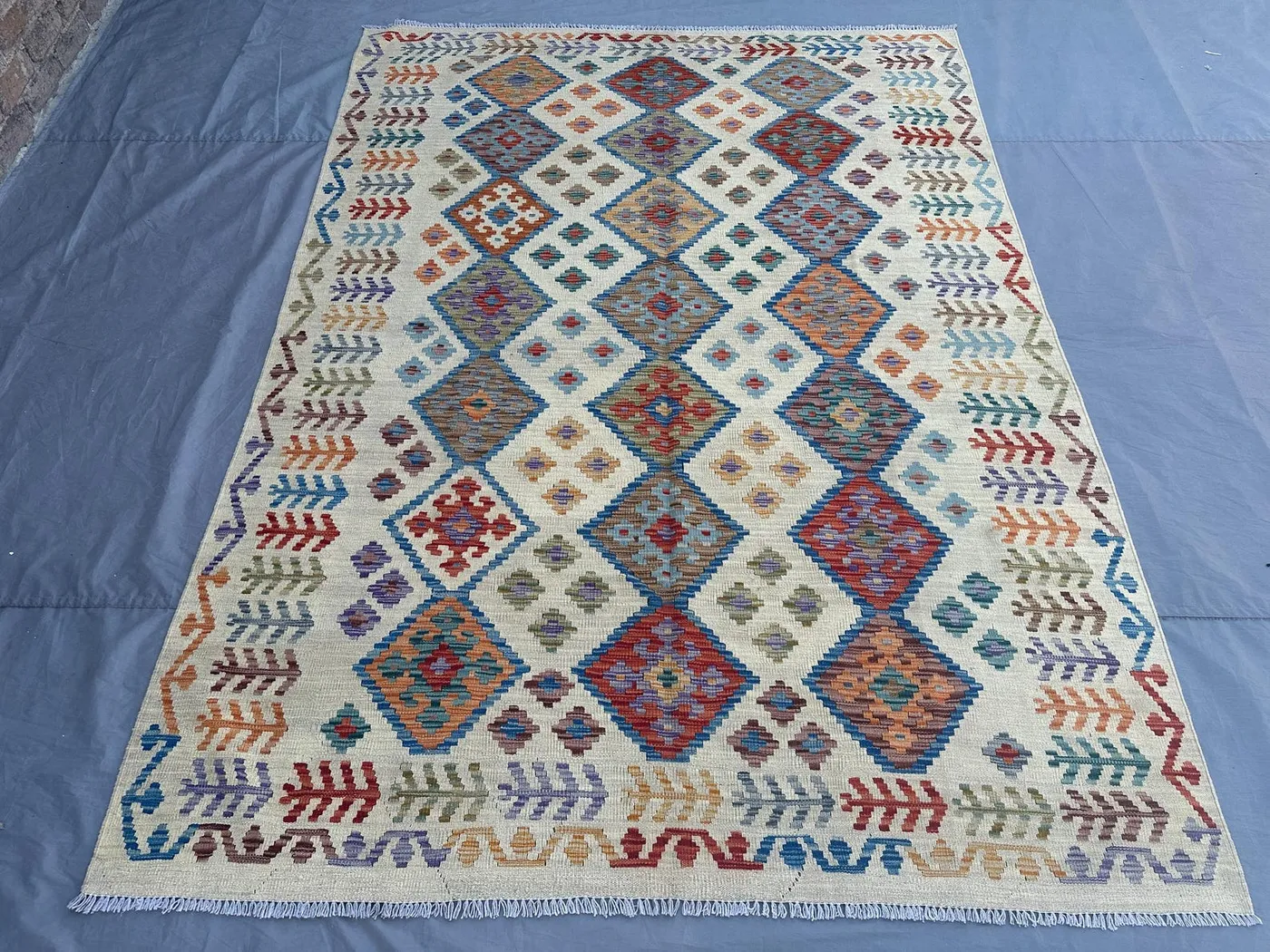 6x8 Afghan Kilim Rug | Handmade Wool Flat Weave Carpet | Ivory Tribal Geometric Design | Colorful Boho Decor | Oriental Living Room Rug