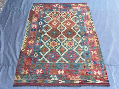 Afghan Kilim Rug 5x7 Handwoven Wool Flat Weave Carpet, Natural Dye Tribal Area Rug | Colorful Boho Wool Rug | 