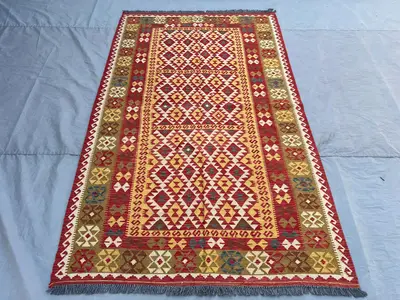 Afghan Kilim Rug 5x8 | Handmade Wool Flat Weave Carpet | Geometric Tribal Boho Decor | Red Beige Ethnic Living