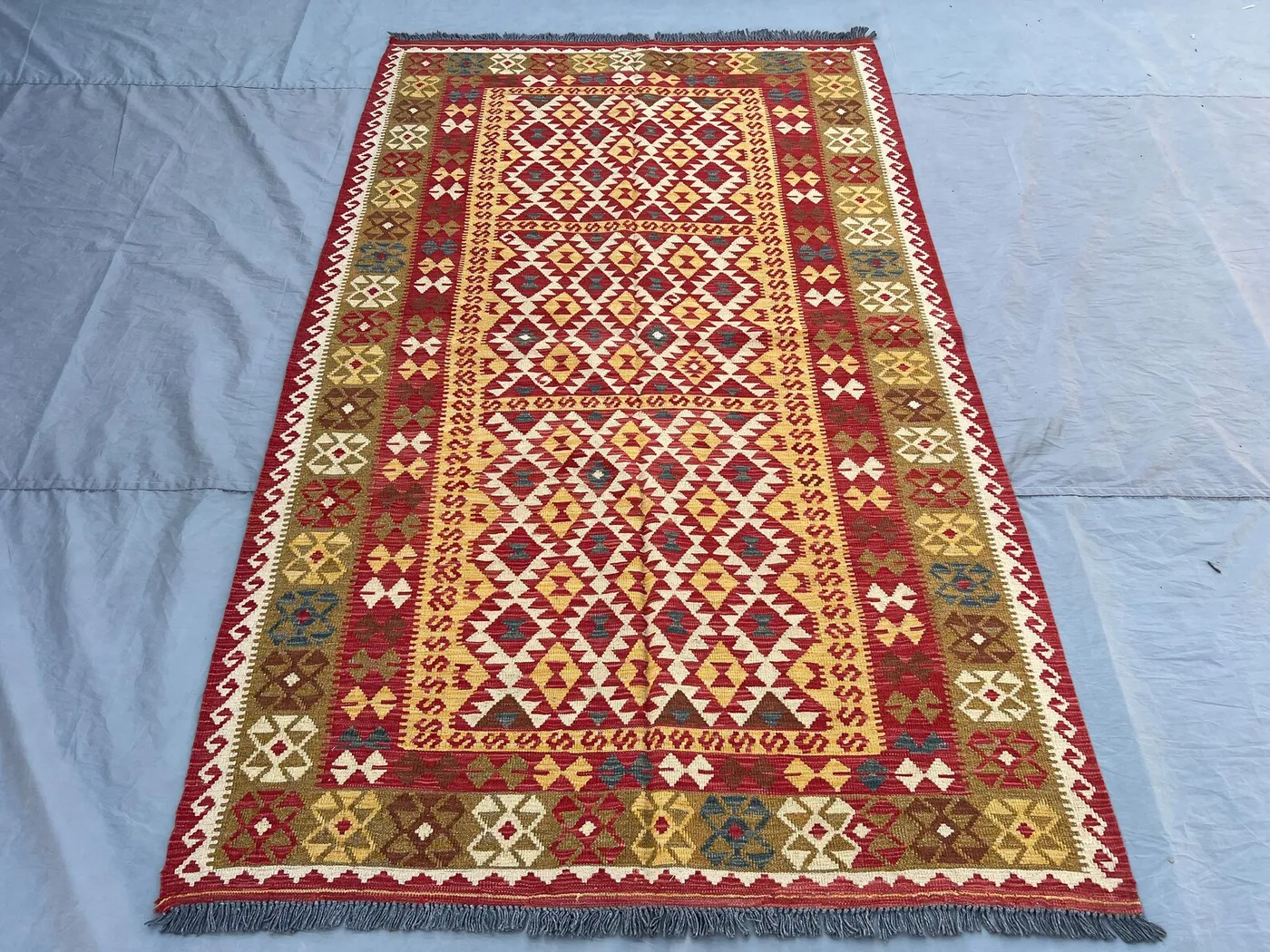 Afghan Kilim Rug 5x8 | Handmade Wool Flat Weave Carpet | Geometric Tribal Boho Decor | Red Beige Ethnic Living Room Area Rug | Turkish Kilim