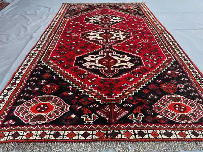 5x8 Antique Afghan Hand Knotted Rug, Caucasian Style Tribal Wool Area Rug, Geometric Medallion Red Black Ivory