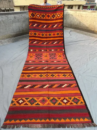 4x13 Vintage Afghan Baluchi Kilim Rug | 13ft Long Runner | Handwoven Wool Tribal Hallway Rug | Colorful Orient