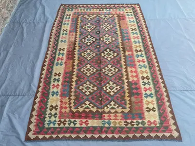 6x9 Afghan Kilim Rug | Handmade Wool Flat Weave Carpet | Tribal Geometric Pattern | Multicolor Boho Decor | Or